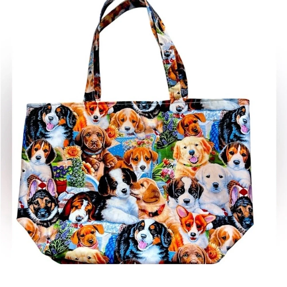 Hand Crafted Colorful Dog Print Tote Bag All Purpose Carry Shoulder Purse